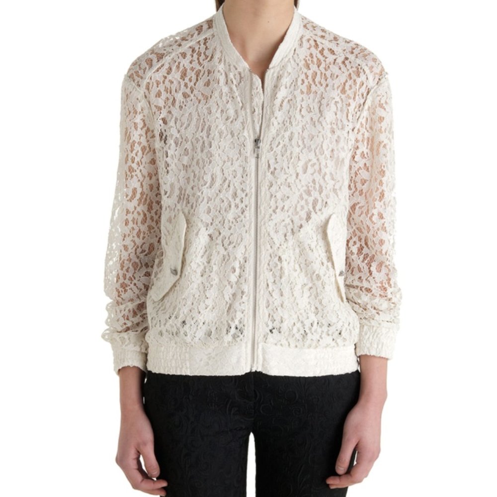 Kooples Ecru Lace Jacket Cream Sheer Floral Cut-Outs Cutouts Crochet Bomber Coat